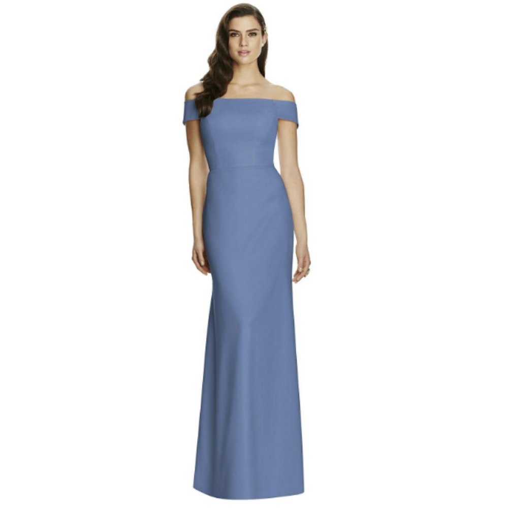 Dessy Off-the-Shoulder Criss Cross Trumpet Bridesmaid Dress in Larkspur